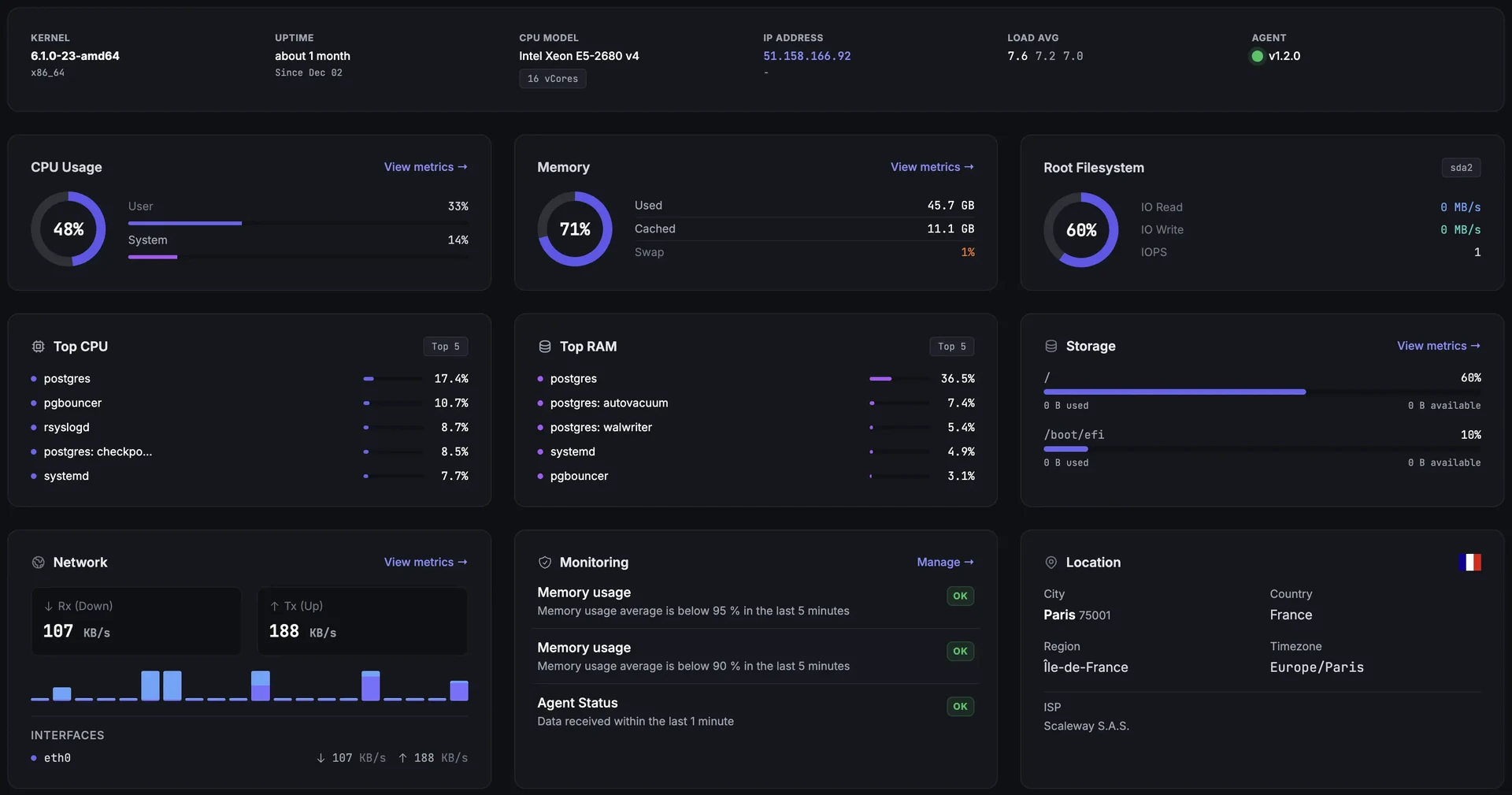 Fivenines overview dashboard showing monitored servers and infrastructure status